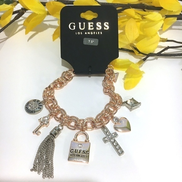 3/$29! GUESS Charm Bracelet Lock Key Cross Tassel - Picture 1 of 8